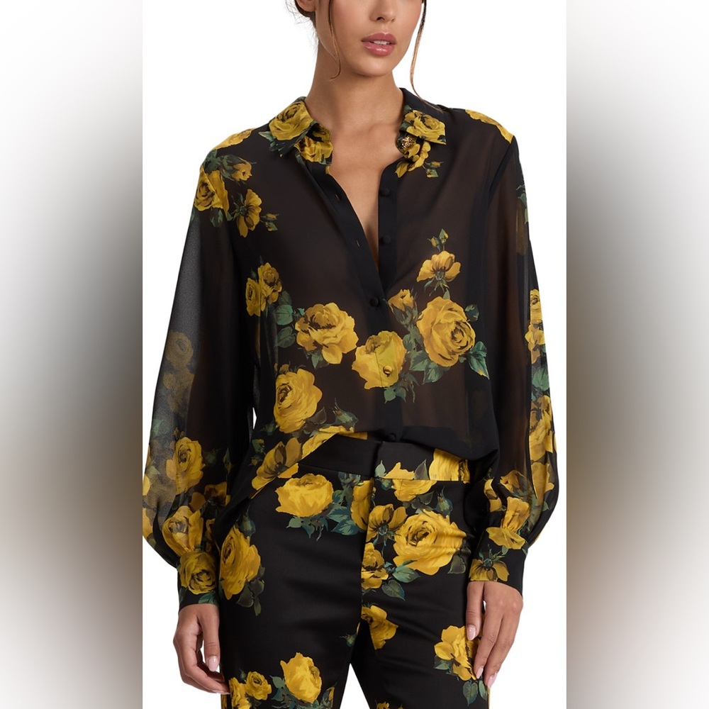 Alice + Olivia Candace Rosehips Blouson-Sleeve Buttoned Shirt